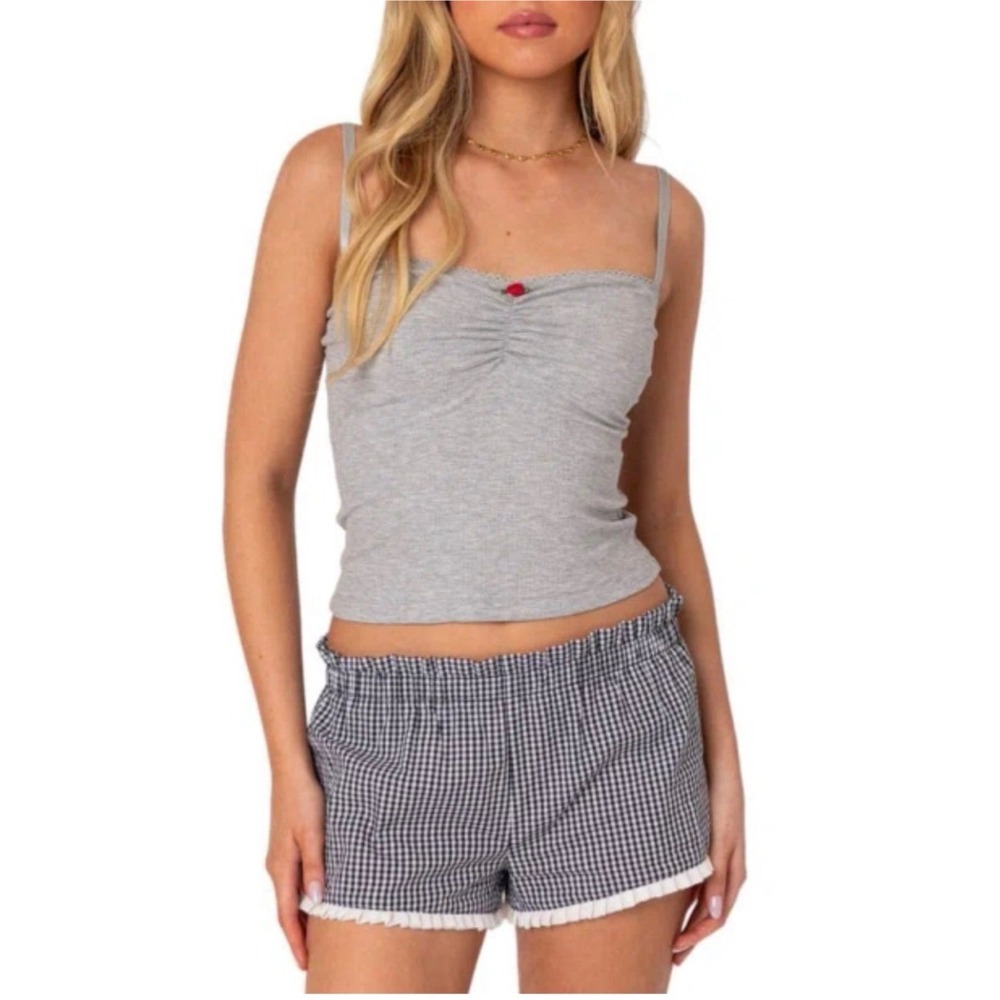 Edikted Karlee Camisole Women S Grey Ruched Rose Lace Trim Ribbed Crop Top